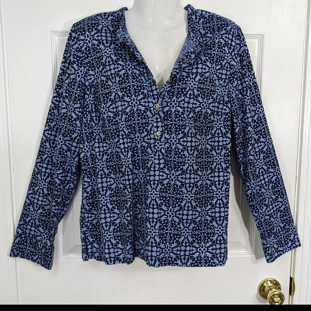 Talbots Blue Floral Print Manderin Neckline Gold Buttons Long Sleeve Top - M